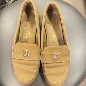 AUTH.CHANEL Brown Canvas CC Chain Mocassin Loafers
